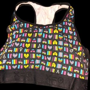 BRA support by Tomboy X  Take Pride Racerback Sports Bra. Black/Multi color
